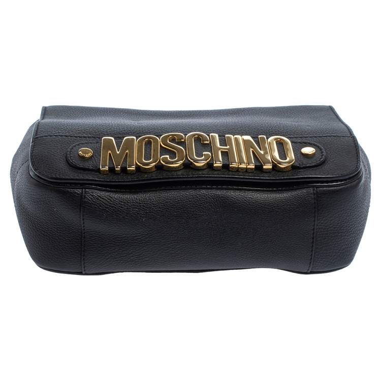 Pre Owned Moschino Black Leather Logo Flap Top Handle Bag