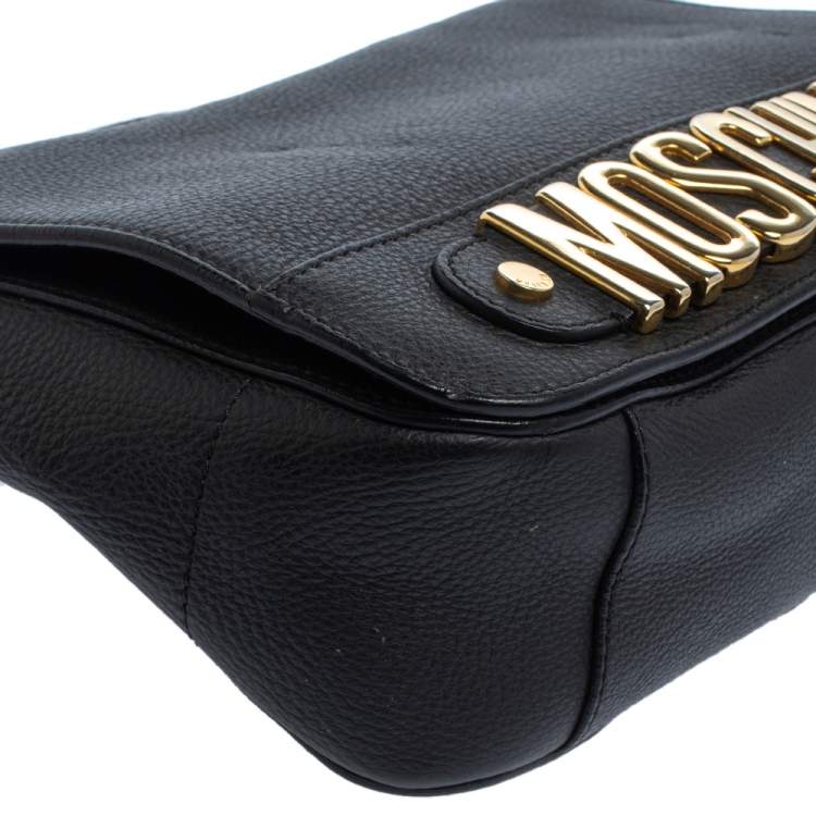 Pre Owned Moschino Black Leather Logo Flap Top Handle Bag
