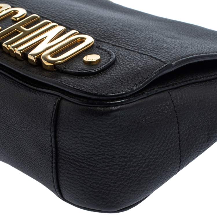 Pre Owned Moschino Black Leather Logo Flap Top Handle Bag