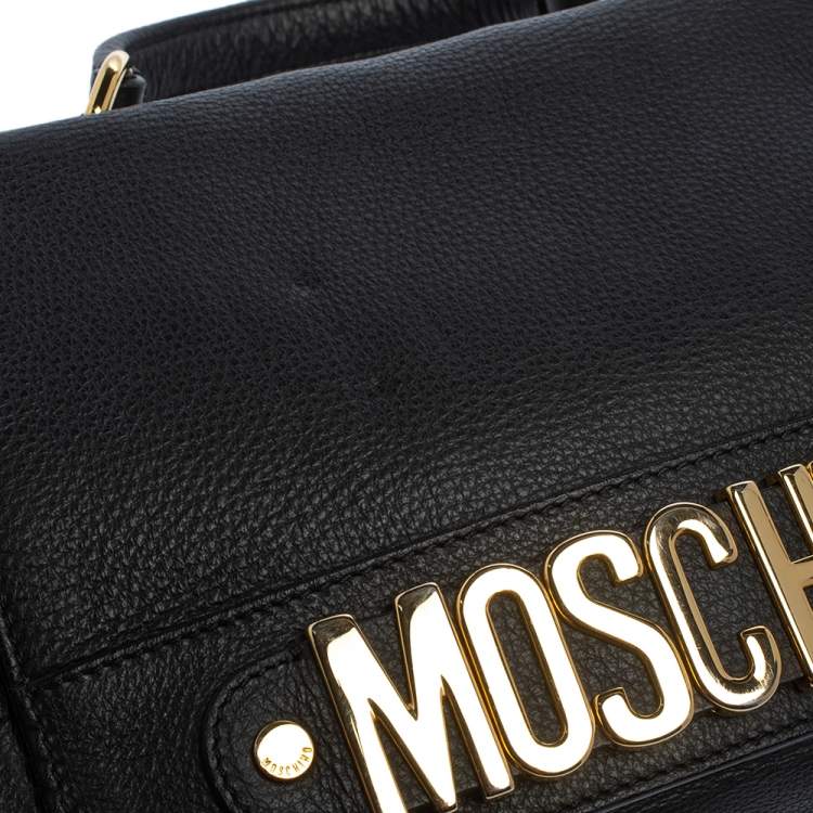 Pre Owned Moschino Black Leather Logo Flap Top Handle Bag