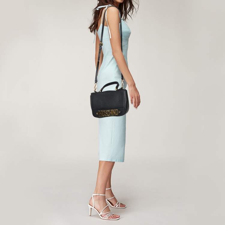 Pre Owned Moschino Black Leather Logo Flap Top Handle Bag