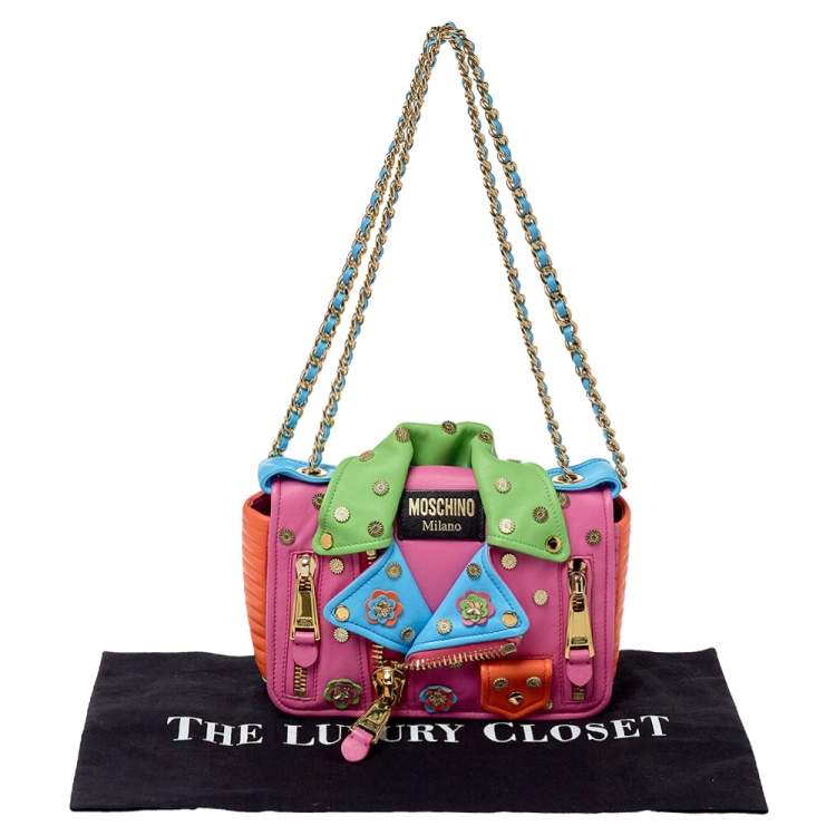 Pre Owned Moschino Multicolor Leather Biker Jacket Embellished Shoulder Bag