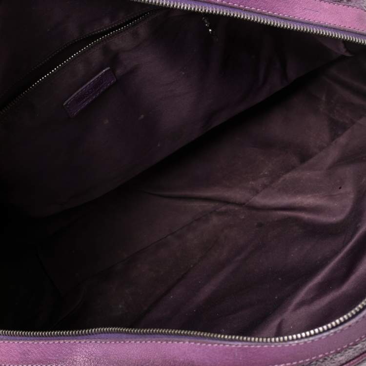 Pre Owned Moschino Purple Crinkled Patent Leather Double Zip Pocket Duffel Bag