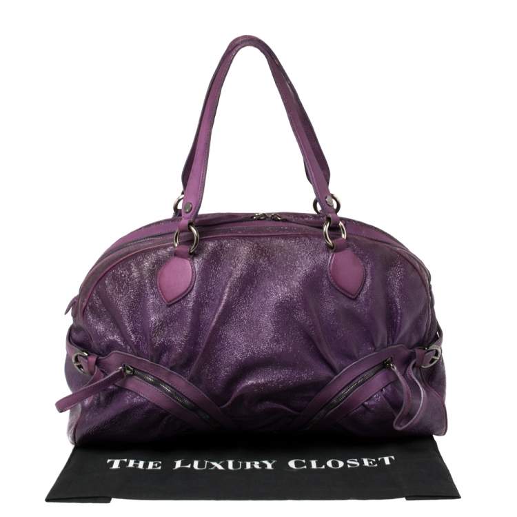 Pre Owned Moschino Purple Crinkled Patent Leather Double Zip Pocket Duffel Bag