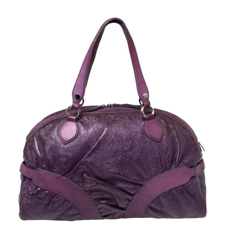 Pre Owned Moschino Purple Crinkled Patent Leather Double Zip Pocket Duffel Bag