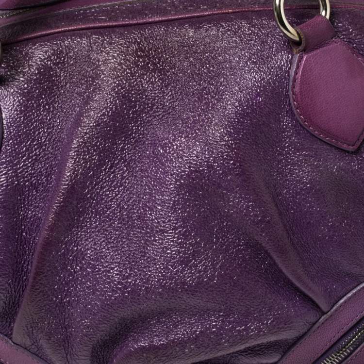 Pre Owned Moschino Purple Crinkled Patent Leather Double Zip Pocket Duffel Bag