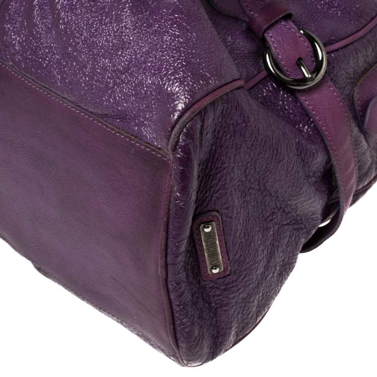 Pre Owned Moschino Purple Crinkled Patent Leather Double Zip Pocket Duffel Bag