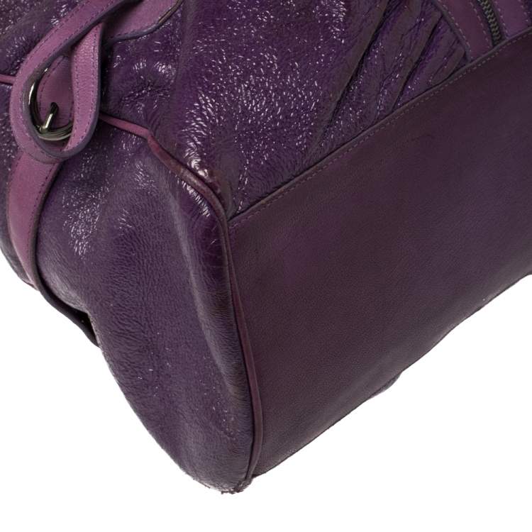Pre Owned Moschino Purple Crinkled Patent Leather Double Zip Pocket Duffel Bag