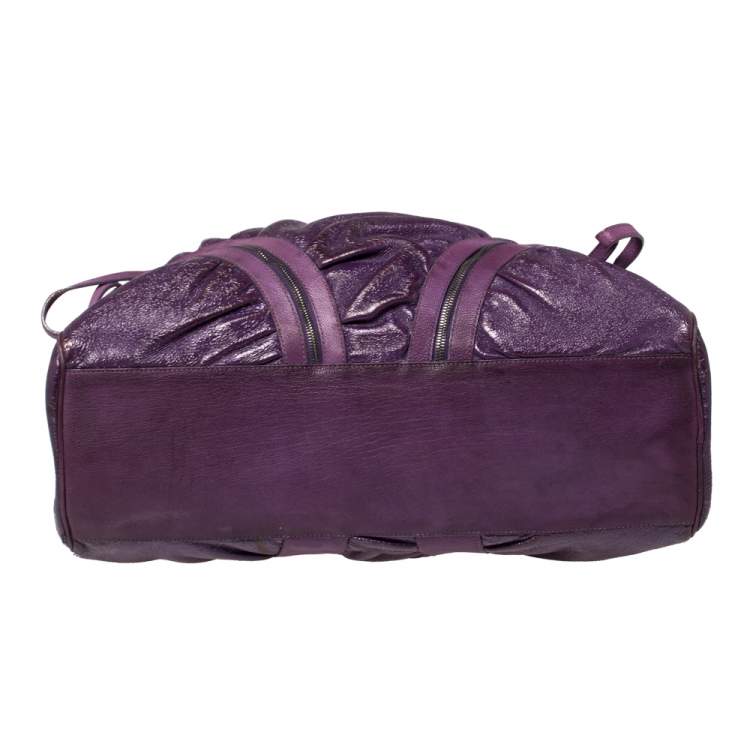 Pre Owned Moschino Purple Crinkled Patent Leather Double Zip Pocket Duffel Bag