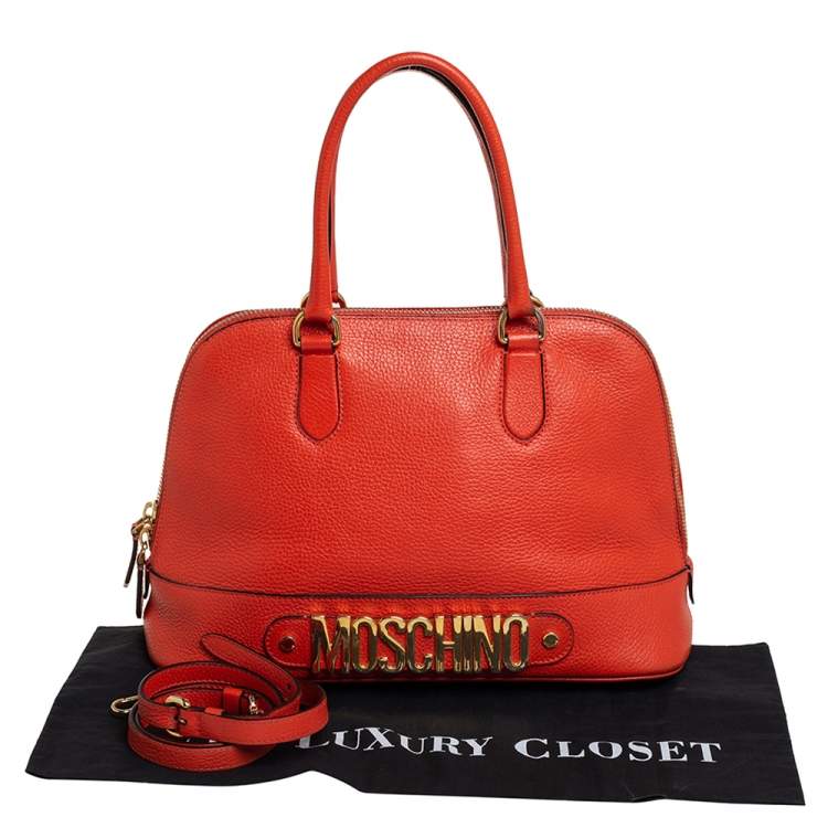 Pre Owned Moschino Orange Logo Plaque Leather Dome Satchel