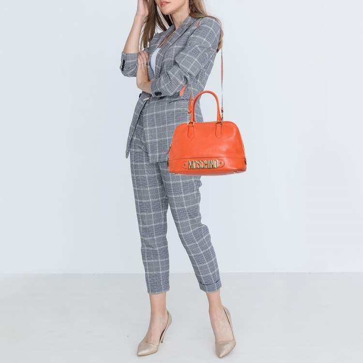 Pre Owned Moschino Orange Logo Plaque Leather Dome Satchel