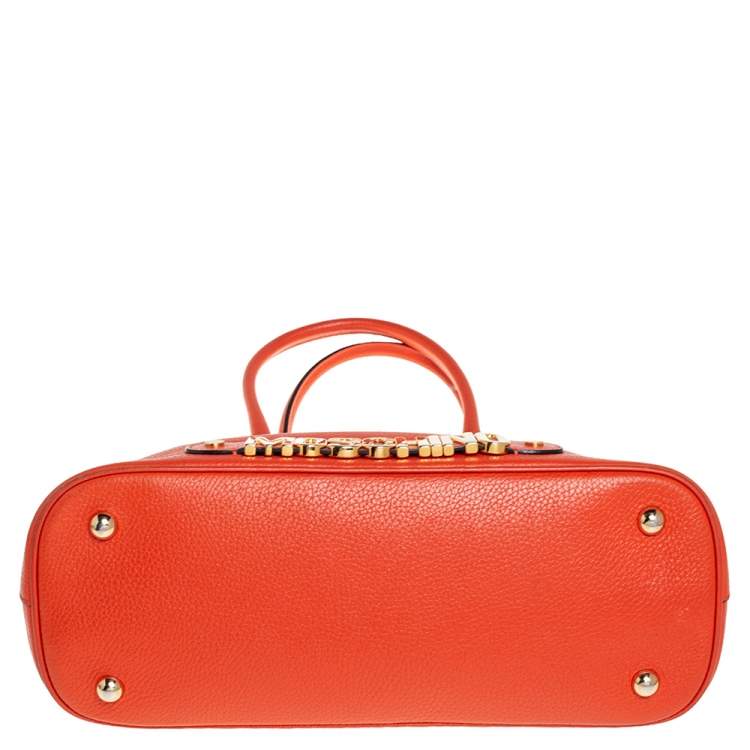 Pre Owned Moschino Orange Logo Plaque Leather Dome Satchel