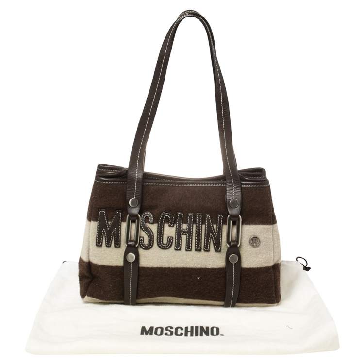مملوكة مسبقًا Moschino Brown/White Wool And Leather Logo Tote