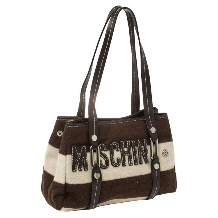 مملوكة مسبقًا Moschino Brown/White Wool And Leather Logo Tote