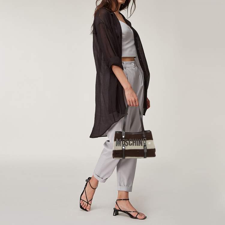 مملوكة مسبقًا Moschino Brown/White Wool And Leather Logo Tote