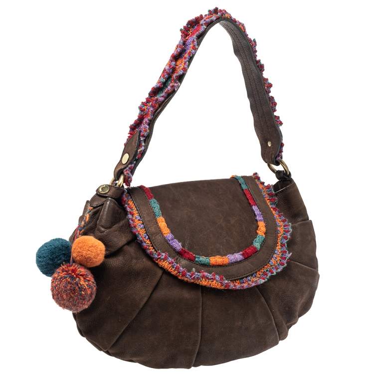 Pre Owned Moschino Brown Leather and Fabric Trim Pom Pom Hobo