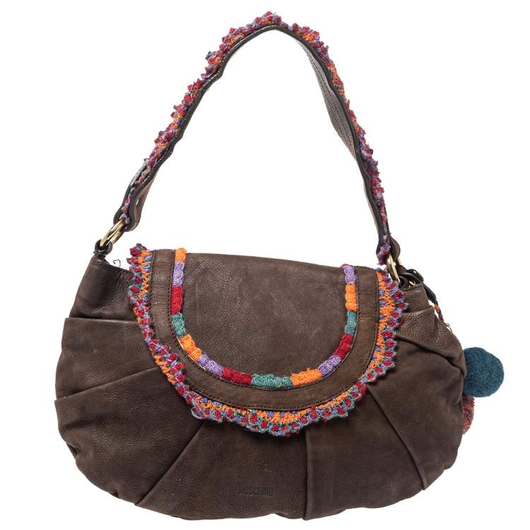 Pre Owned Moschino Brown Leather and Fabric Trim Pom Pom Hobo