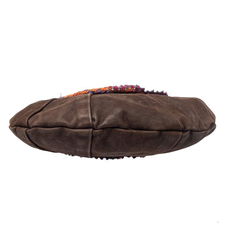 Pre Owned Moschino Brown Leather and Fabric Trim Pom Pom Hobo