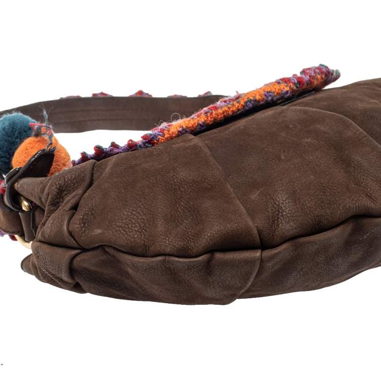 Pre Owned Moschino Brown Leather and Fabric Trim Pom Pom Hobo