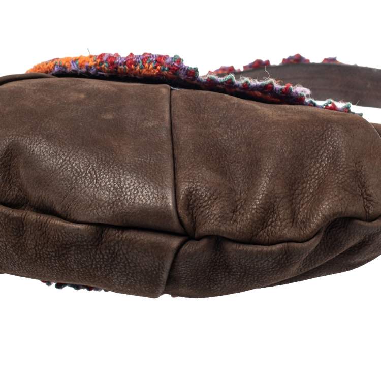 Pre Owned Moschino Brown Leather and Fabric Trim Pom Pom Hobo
