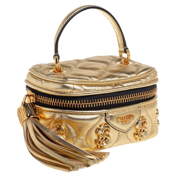 Pre Owned Moschino Gold Quilted Leather Mini Dollaro Top Handle Bag