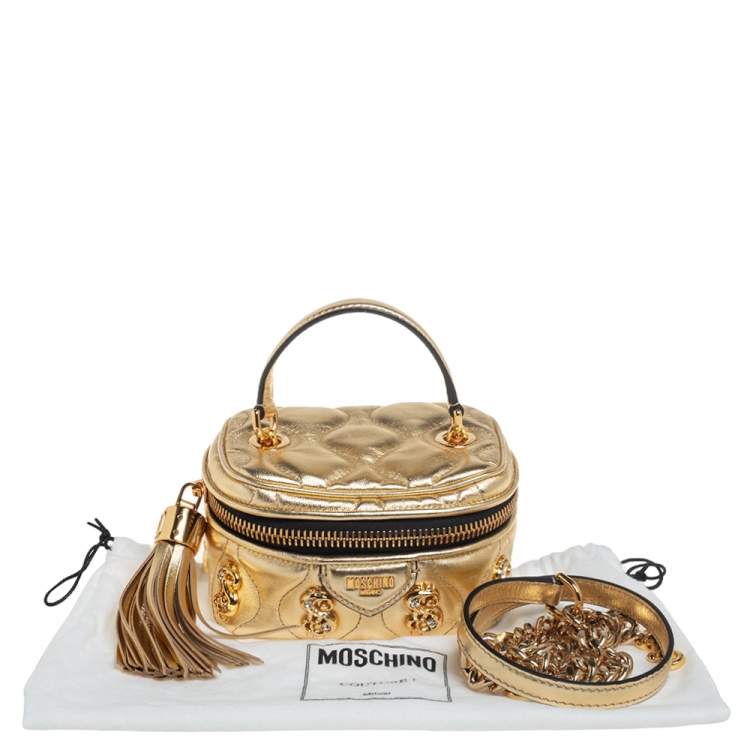 Pre Owned Moschino Gold Quilted Leather Mini Dollaro Top Handle Bag