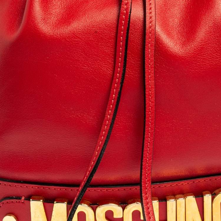 Pre Owned Moschino Red Leather Classic Logo Drawstring Bucket Bag