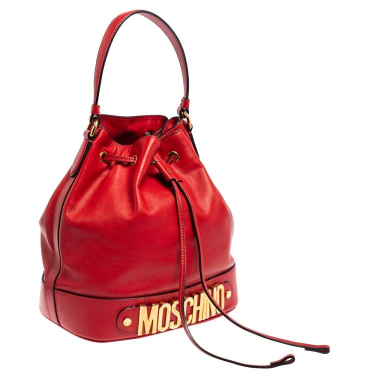 Pre Owned Moschino Red Leather Classic Logo Drawstring Bucket Bag