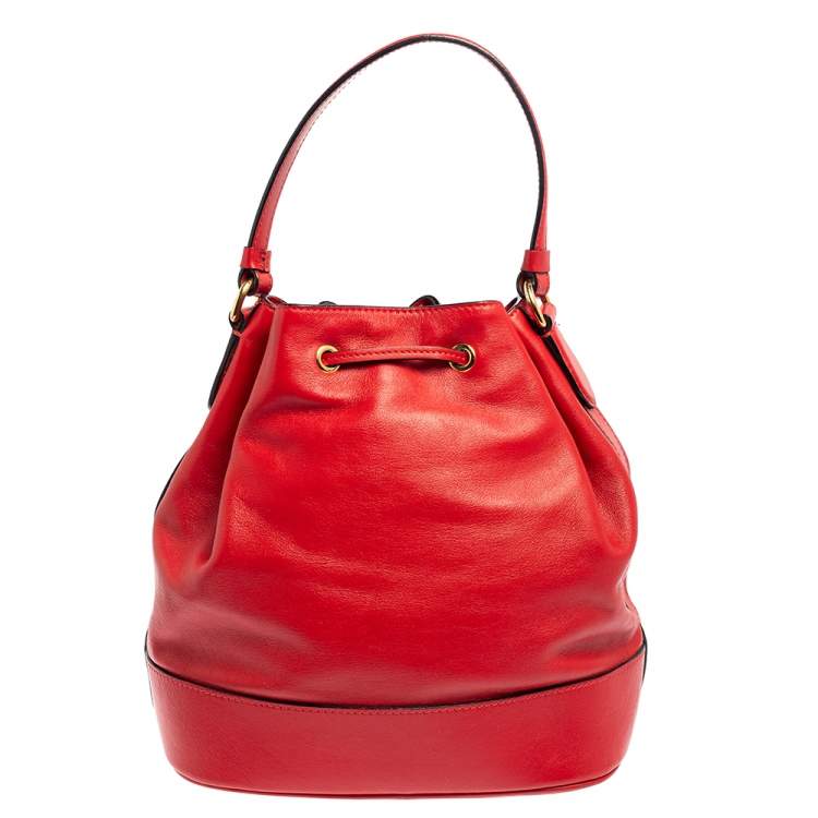 Pre Owned Moschino Red Leather Classic Logo Drawstring Bucket Bag