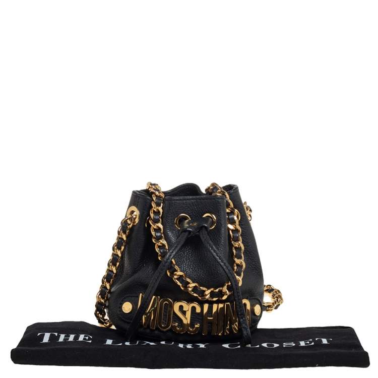 Pre Owned Moschino Black Leather Drawstring Bucket Crossbody Bag