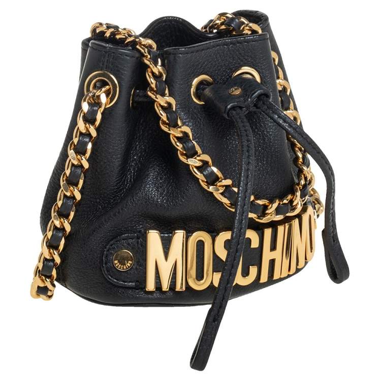 Pre Owned Moschino Black Leather Drawstring Bucket Crossbody Bag