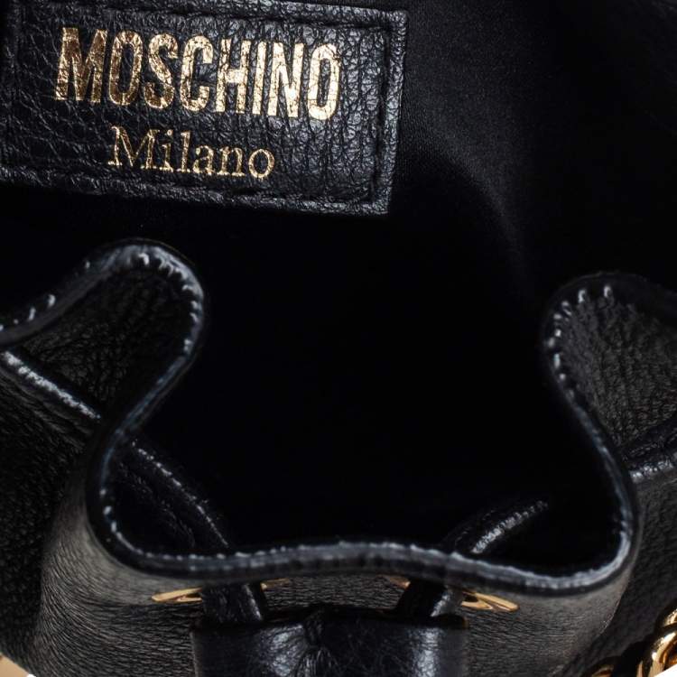 Pre Owned Moschino Black Leather Drawstring Bucket Crossbody Bag