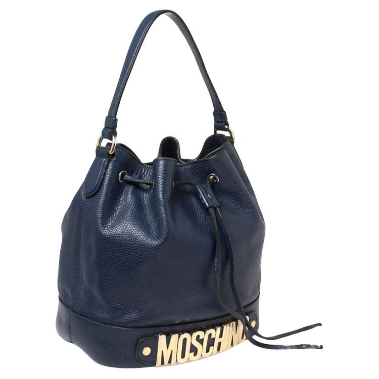 Pre Owned Moschino Blue Leather Drawstring Bucket Bag