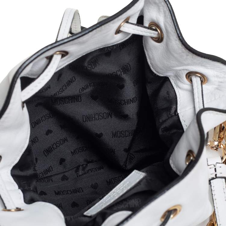 Pre Owned Moschino White Leather Logo Drawstring Bucket Bag