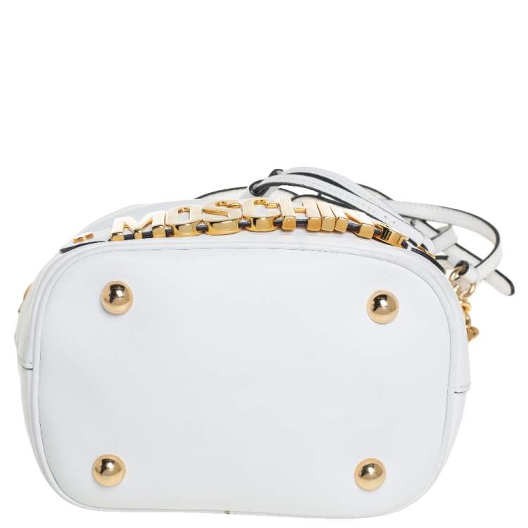 Pre Owned Moschino White Leather Logo Drawstring Bucket Bag