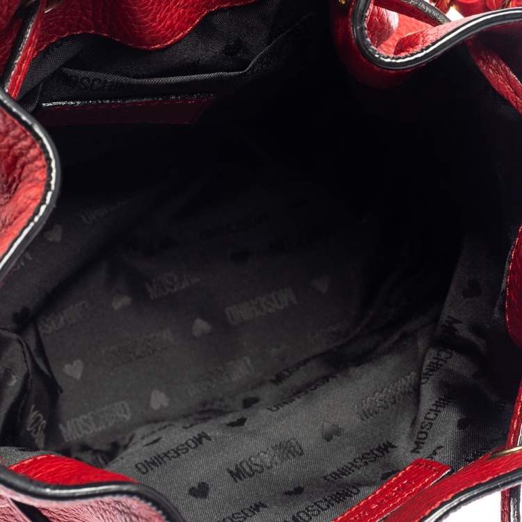 Pre Owned Moschino Red Leather Logo Drawstring Bucket Bag