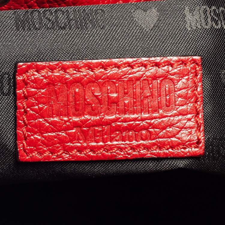 Pre Owned Moschino Red Leather Logo Drawstring Bucket Bag