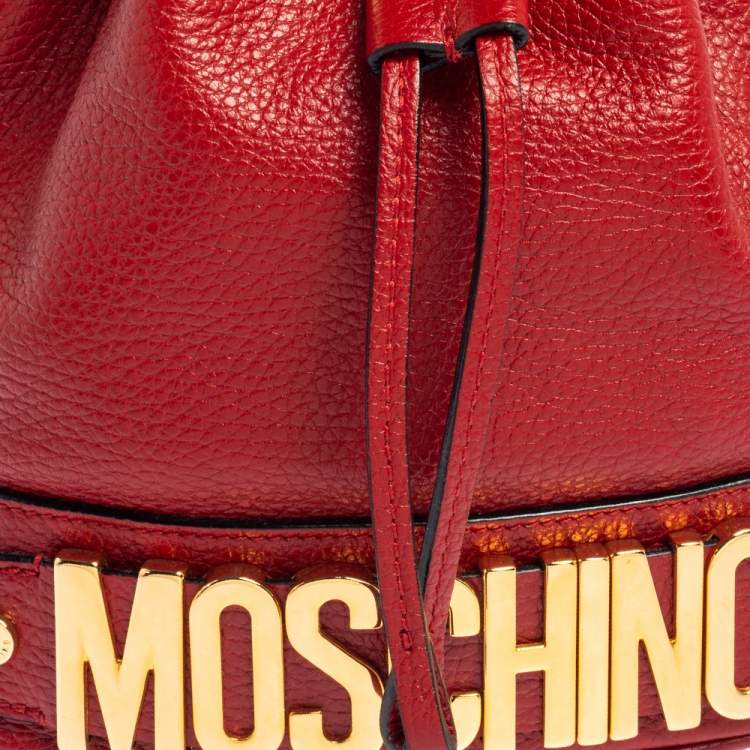 Pre Owned Moschino Red Leather Logo Drawstring Bucket Bag