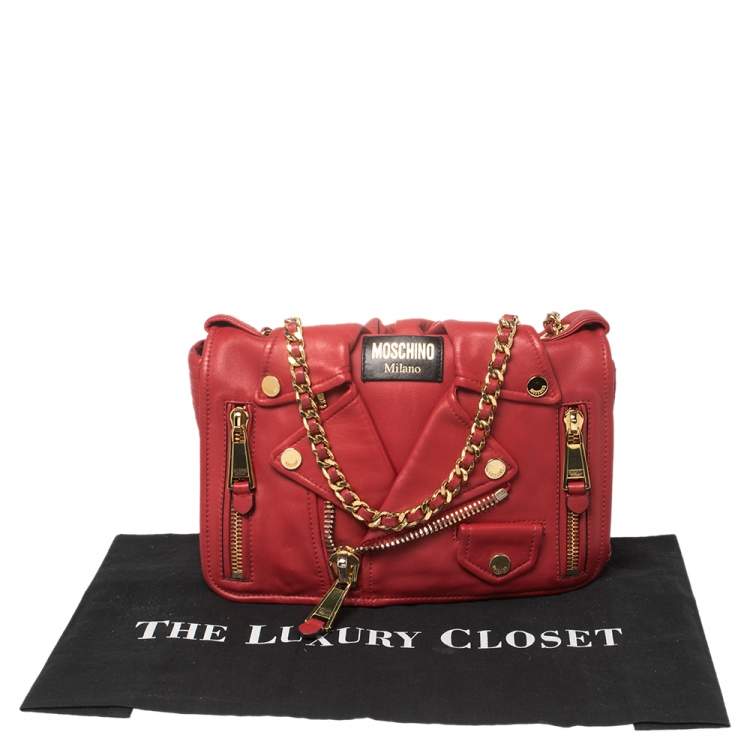 Pre Owned Moschino Red Leather Capsule Biker Jacket Shoulder Bag 