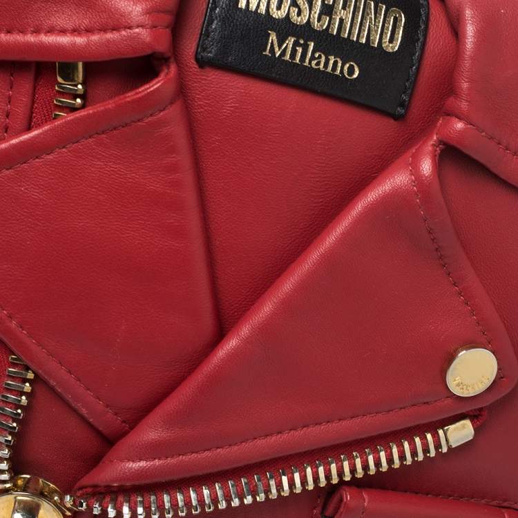 Pre Owned Moschino Red Leather Capsule Biker Jacket Shoulder Bag 