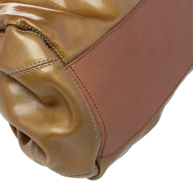Pre Owned Moschino Metallic Gold/Brown Patent And Leather Satchel