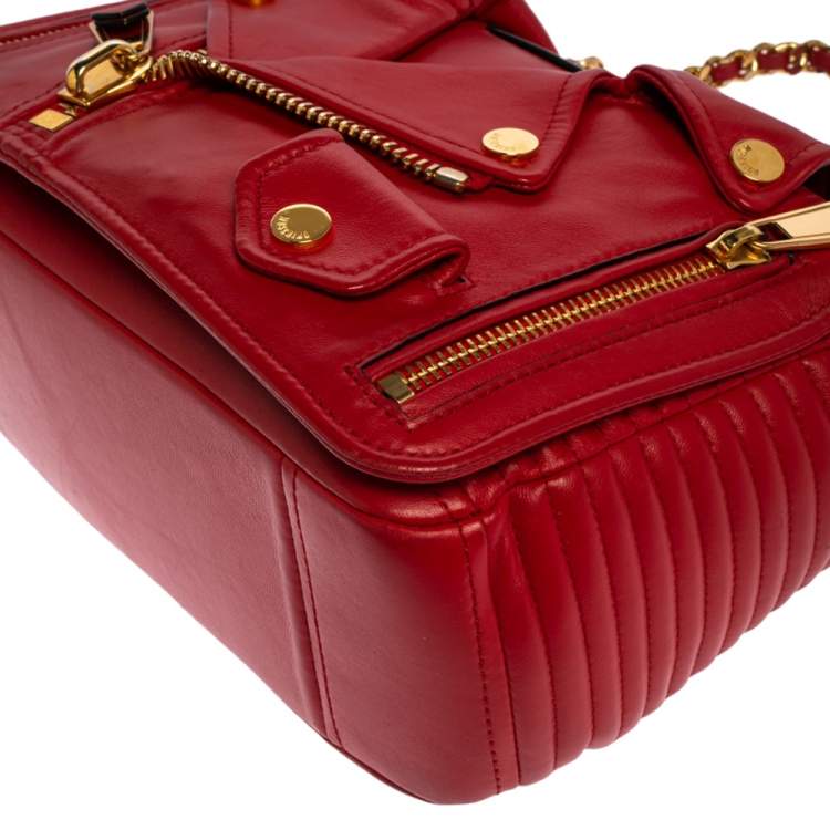 Pre Owned Moschino Red Leather Capsule Biker Jacket Shoulder Bag 