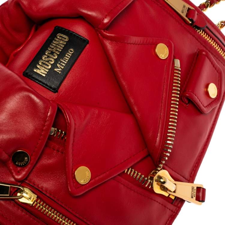 Pre Owned Moschino Red Leather Capsule Biker Jacket Shoulder Bag 