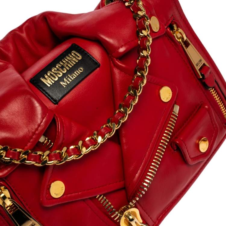 Pre Owned Moschino Red Leather Capsule Biker Jacket Shoulder Bag 