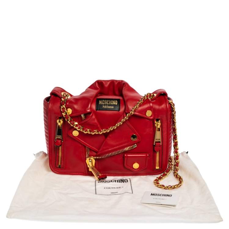 Pre Owned Moschino Red Leather Capsule Biker Jacket Shoulder Bag 