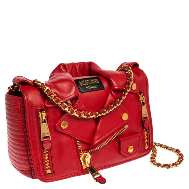 Pre Owned Moschino Red Leather Capsule Biker Jacket Shoulder Bag 
