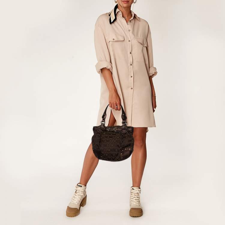 Pre Owned Moschino Brown/Olive Green Signature Canvas and Leather Hobo