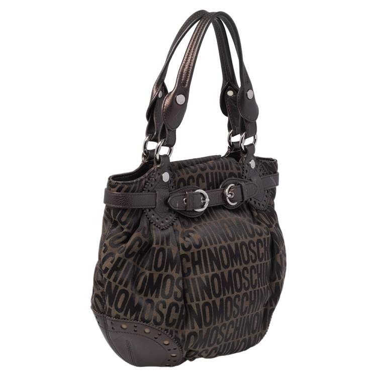 Pre Owned Moschino Brown/Olive Green Signature Canvas and Leather Hobo