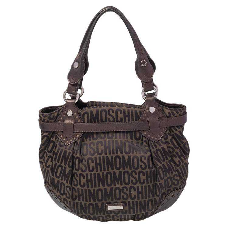 Pre Owned Moschino Brown/Olive Green Signature Canvas and Leather Hobo