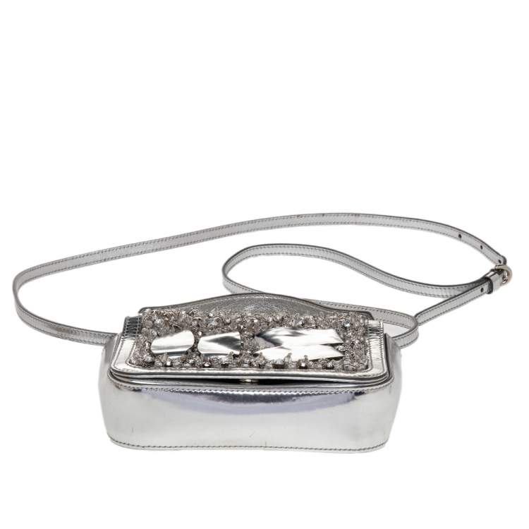 Pre Owned Moschino Silver Patent Leather Embellished Flap Top Handle Bag